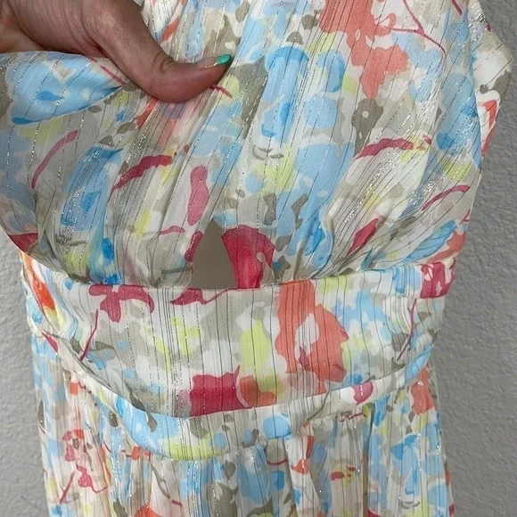 New Likely Sara Dress Floral Watercolor Metallic One Shoulder Midi Sz 0